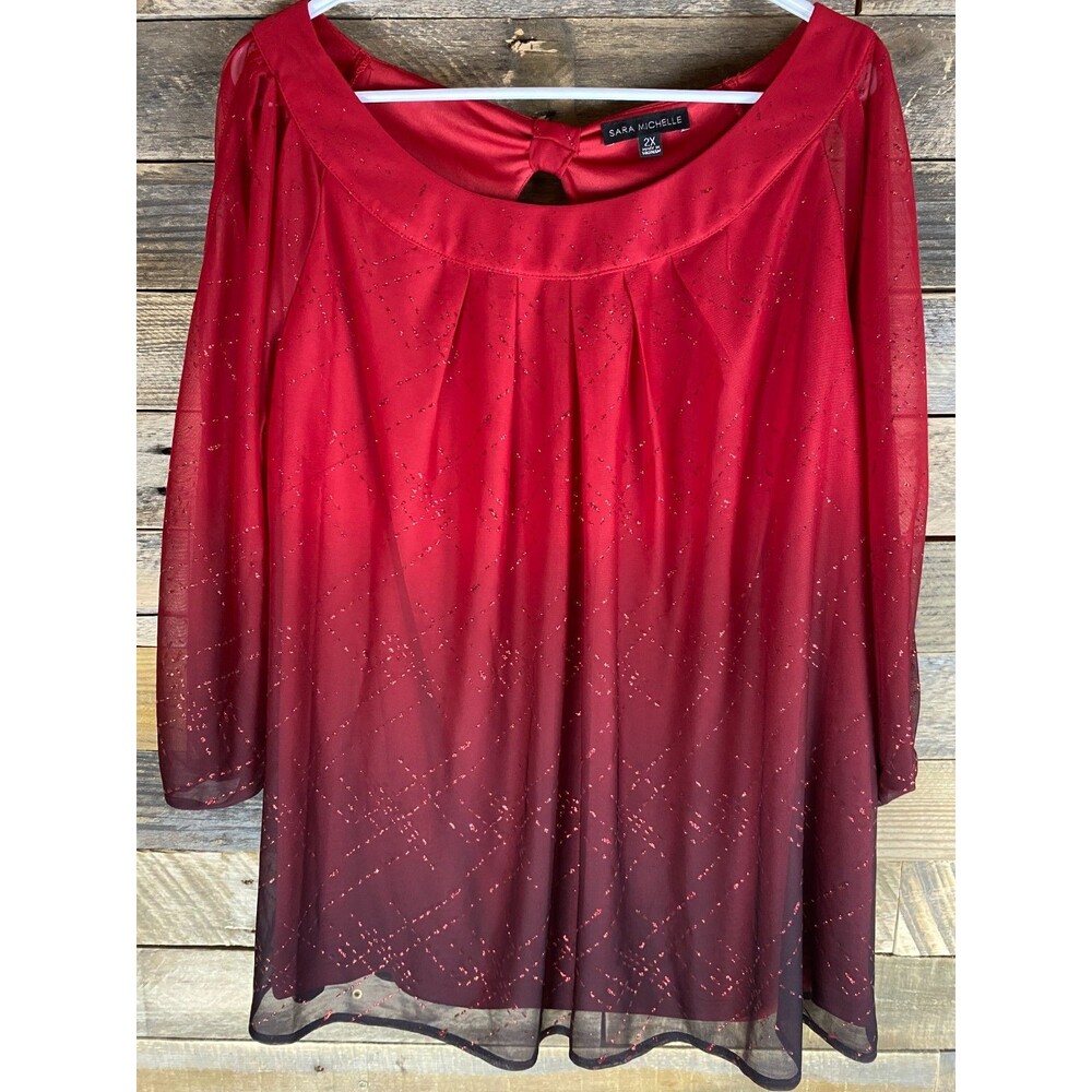 Sara Michelle Women's Plus Sz 2X Red Hombre Layered Sparkle 3/4 Sleeve Top